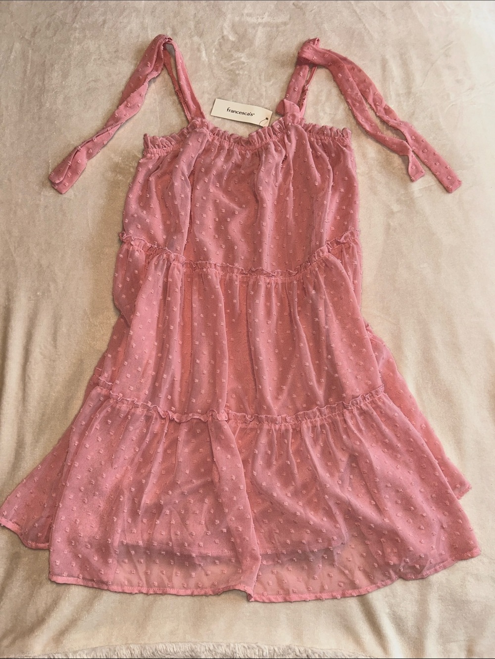 Francesca's Collections Pink Tiered Swiss Dot Tie-Shoulder Dress